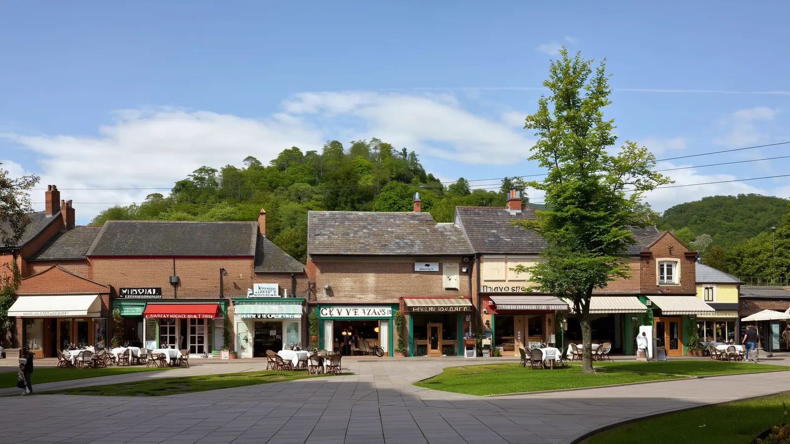 Vickery Village town center in Cumming Georgia with walkable storefronts and village green at morning