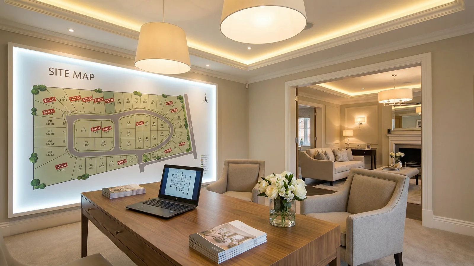 Professional model home sales office interior with site plan display and appointment desk in an Atlanta builder community