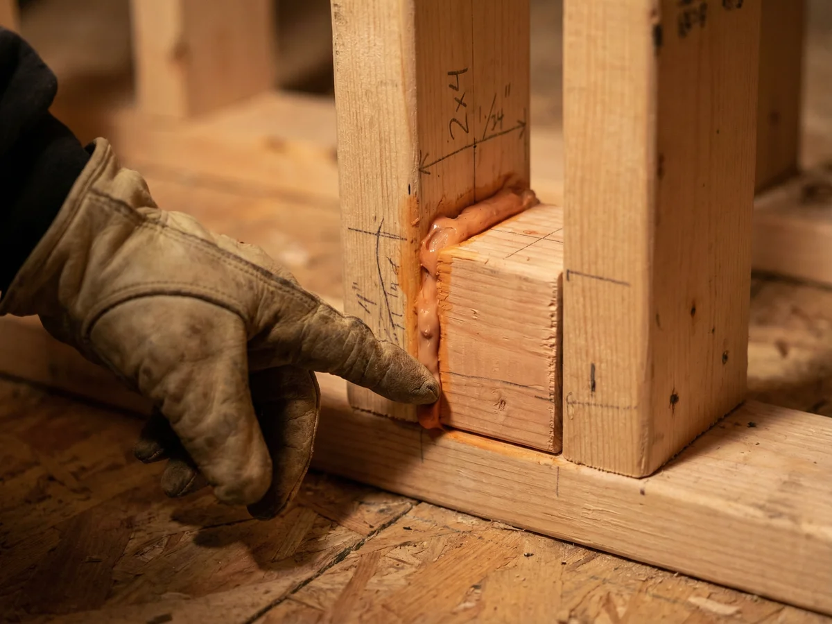 Inspector's gloved hand pointing at fireblocking between floor joists during pre-drywall inspection