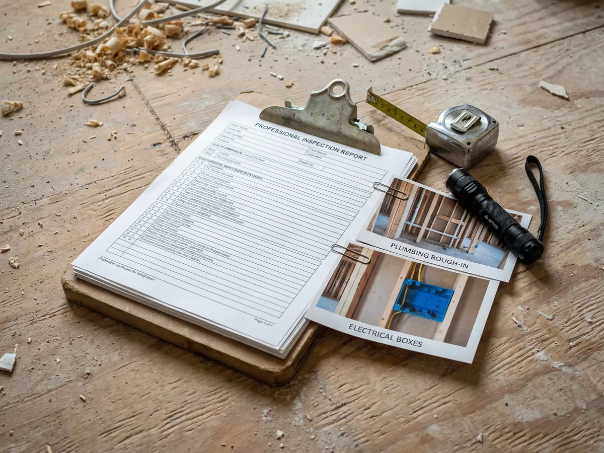 Pre-drywall inspection report with photos clipped to clipboard at Atlanta new construction site