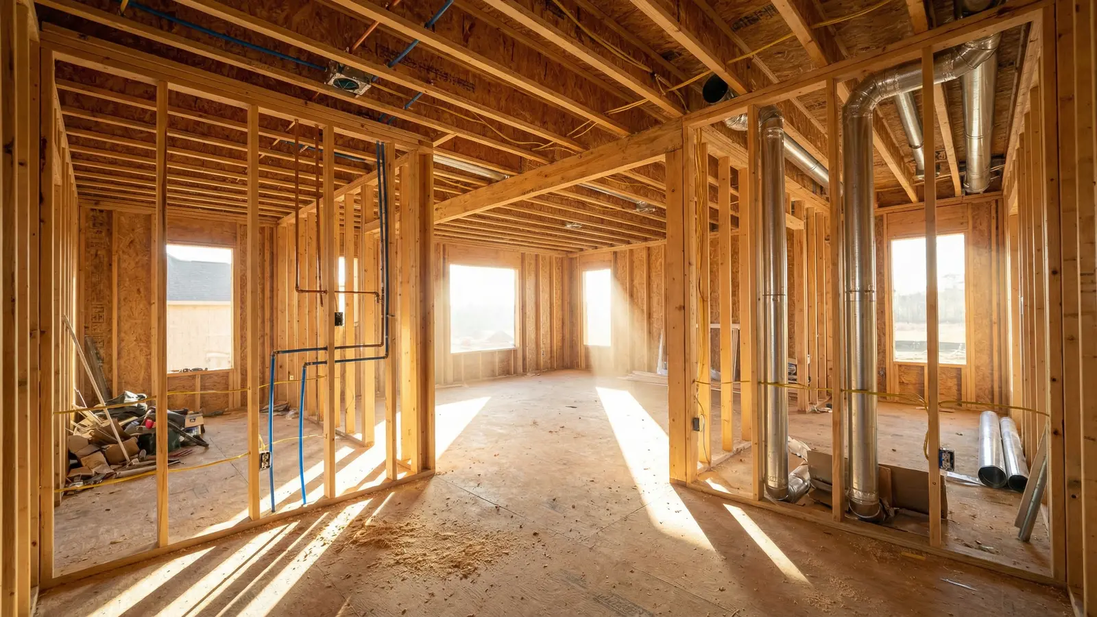 Interior of new construction home at pre-drywall stage showing exposed framing and rough-in systems in Atlanta