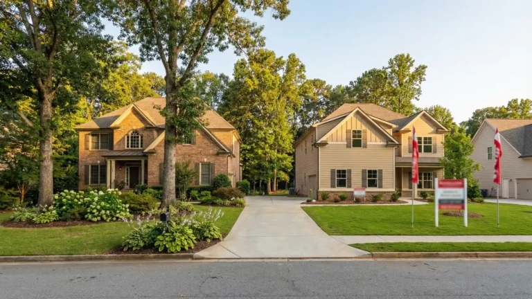 Side-by-side view of a resale home with mature trees next to a new construction model home in metro Atlanta