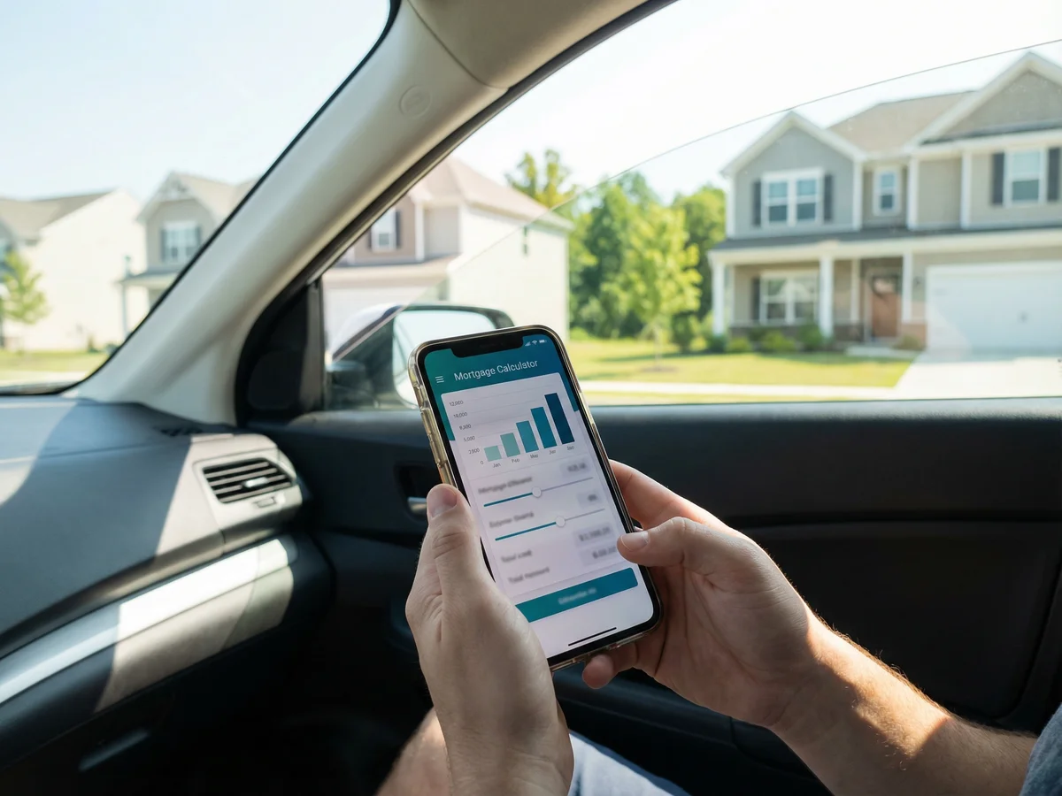 Hands using a mortgage calculator on a smartphone with a suburban Atlanta neighborhood visible through a car window