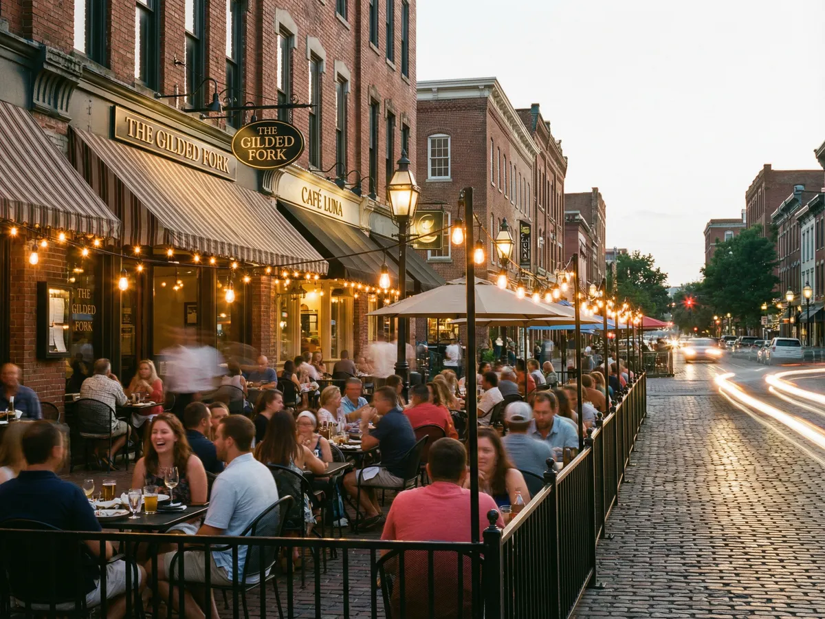 Canton Street Roswell restaurant row with outdoor dining patios and historic storefronts on a Friday evening