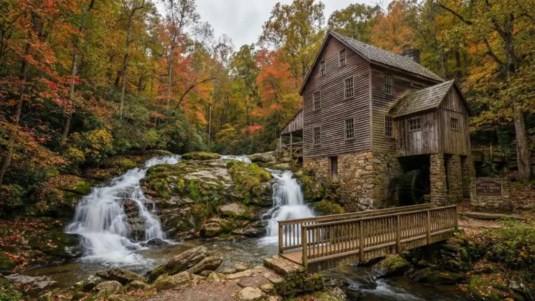 Roswell Mill ruins and Vickery Creek with stone walls and waterfall in the Chattahoochee Recreation Area