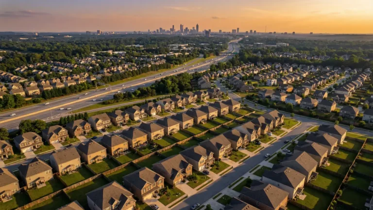 Aerial view of north metro Atlanta suburban homes with GA-400 corridor stretching toward downtown skyline at golden hour