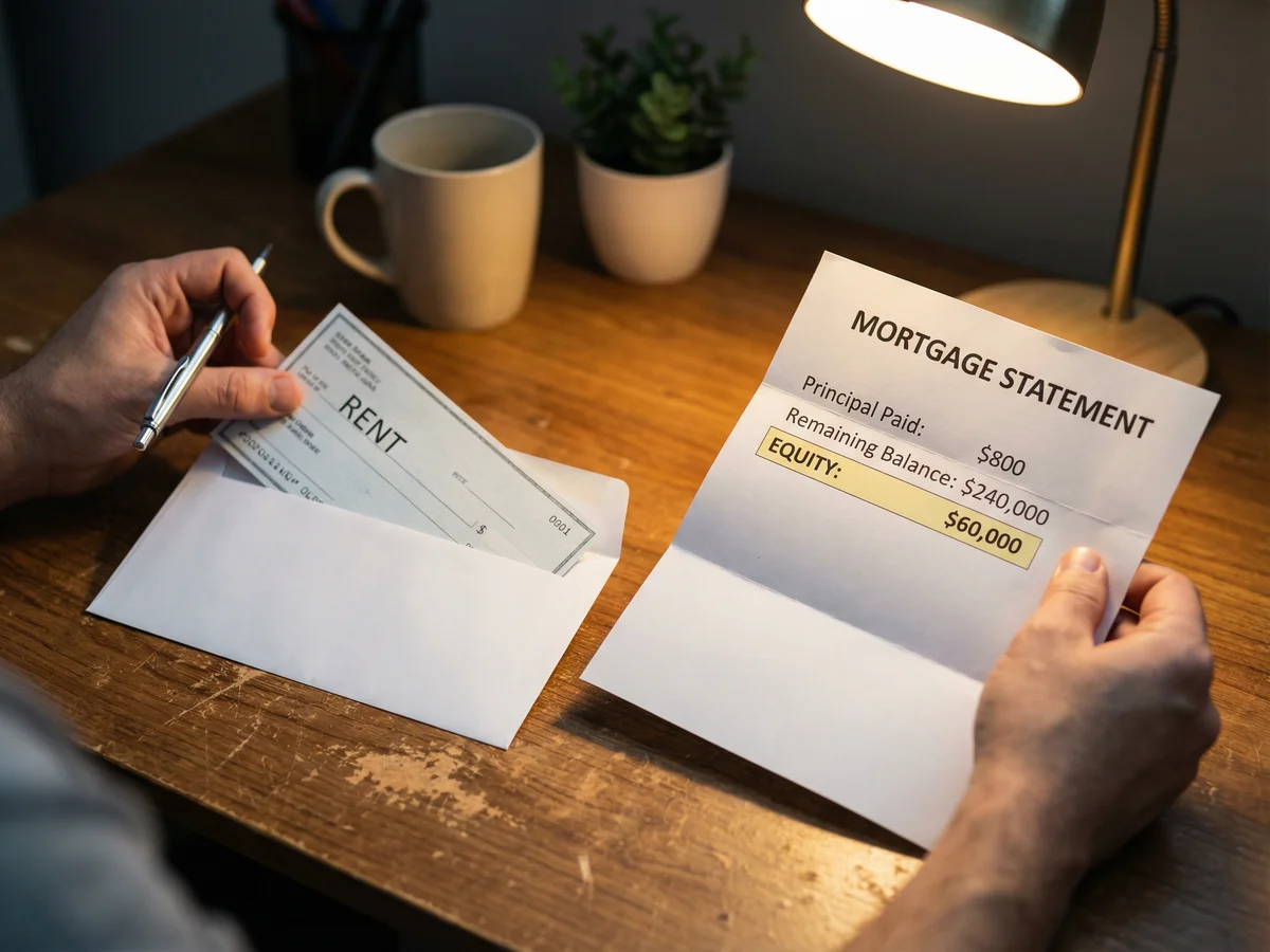 Hands placing a monthly rent check into an envelope beside a mortgage statement showing principal and equity buildup