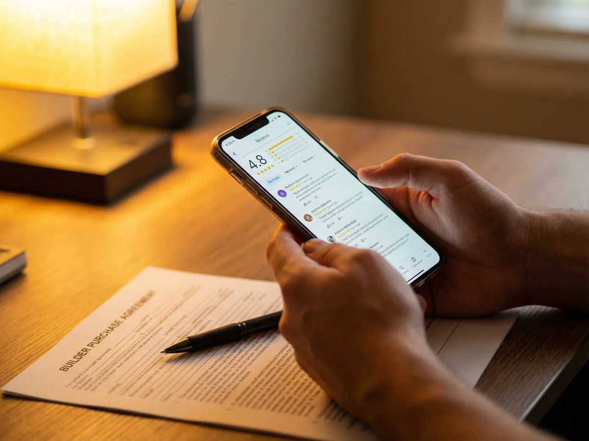 Hands scrolling through online reviews on smartphone while sitting at desk with builder contract documents