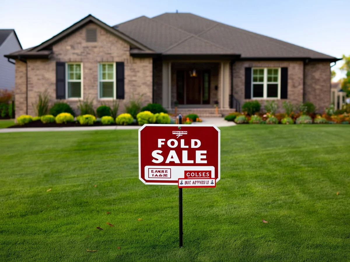 For sale sign with a sold rider on the front lawn of a well-maintained suburban home in metro Atlanta