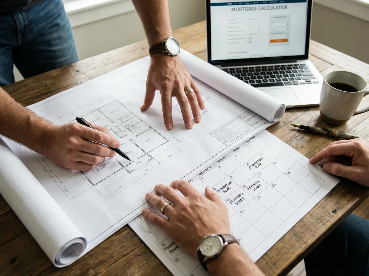 Hands reviewing a construction timeline document with a calendar and floor plans spread across a desk
