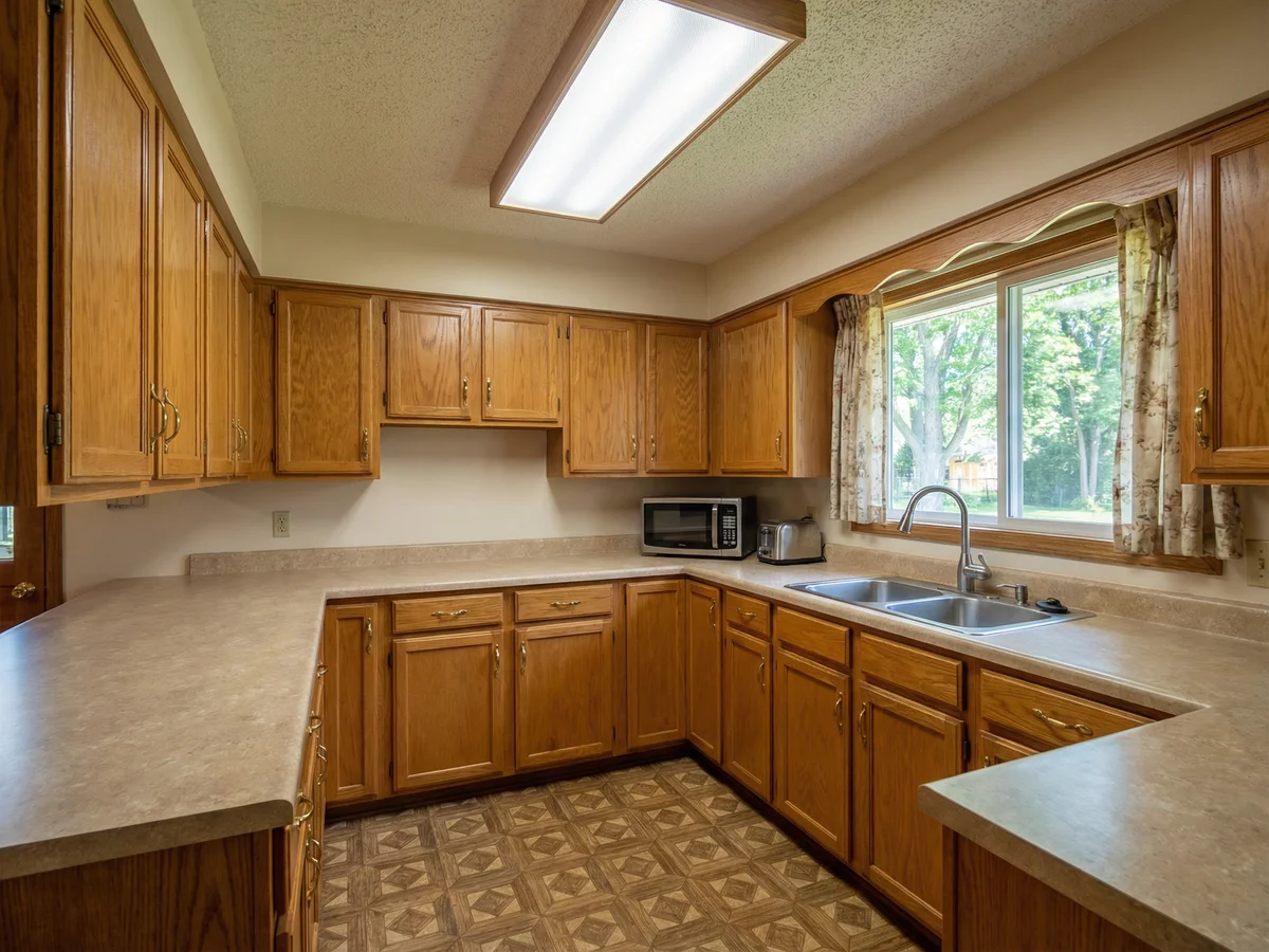 Interior of a 1985-era kitchen with original oak cabinets and laminate counters showing renovation potential