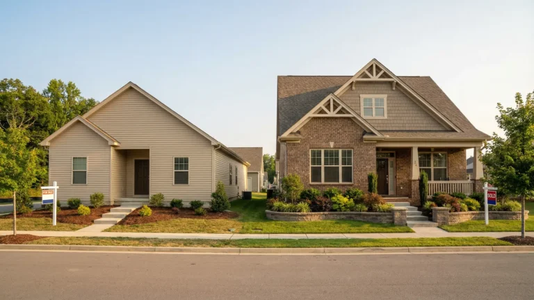 Two new construction model homes side by side representing different builder tiers in metro Atlanta