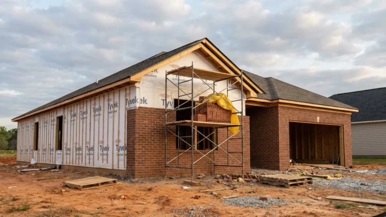 New construction home showing brick veneer installation over wood framing in Atlanta suburb