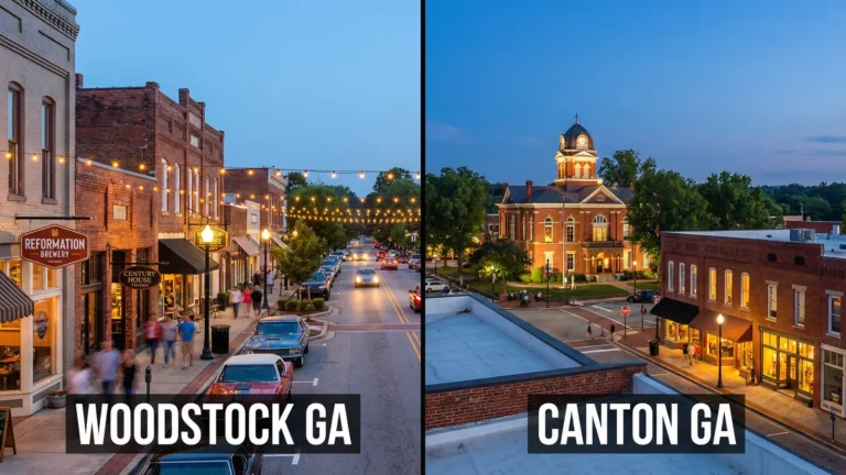 Split aerial view of downtown Woodstock Main Street and Canton courthouse square in Cherokee County Georgia